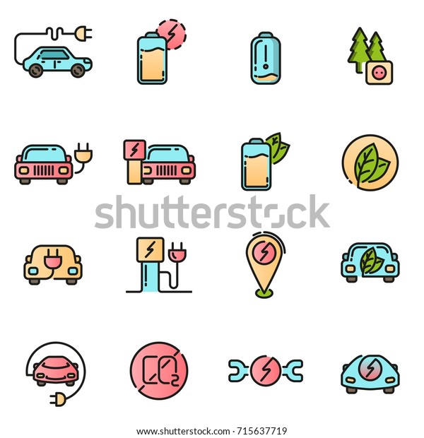 Electric Car icons set. Colored with thin line\
contour sign. Electrical charging and service station. Eco energy\
refueling symbols