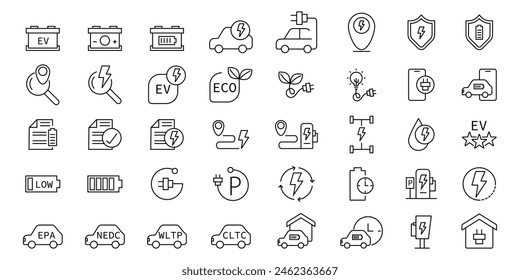 Conjunto de iconos de coche eléctrico. Estación de carga EV y batería plana simple para infografías Plantilla de diseño, vehículo, normas de seguridad, energía renovable, Ilustración vectorial.
