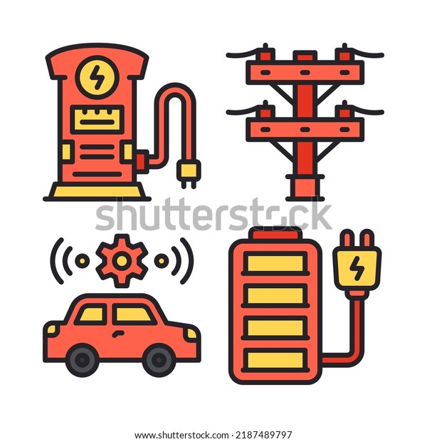 electric car icons\
set = gas station, electric pole, self driving, charger. Perfect\
for website mobile app, app icons, presentation, illustration and\
any other projects