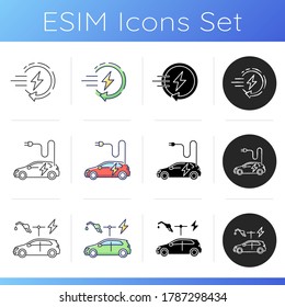 Electric car icons set. Linear, black and RGB color styles. Environmentally safe automobile, alternative transport. Electric vehicle, fast charging and hybrid automobile. Isolated vector illustrations