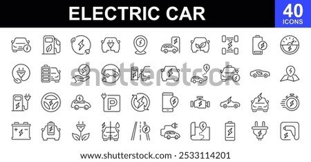 Electric car icons set. Linear icon collection related to electric car. Battery, ecology, electric vehicle charging station, vehicle and more. Vector illustration