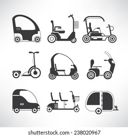 electric car icons set, electric scooter, small car icons, mobility scooter icons