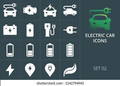 Electric car icons set of solid vector icons. Set of charge plug, accumulator, eco green technology, electric engine icons