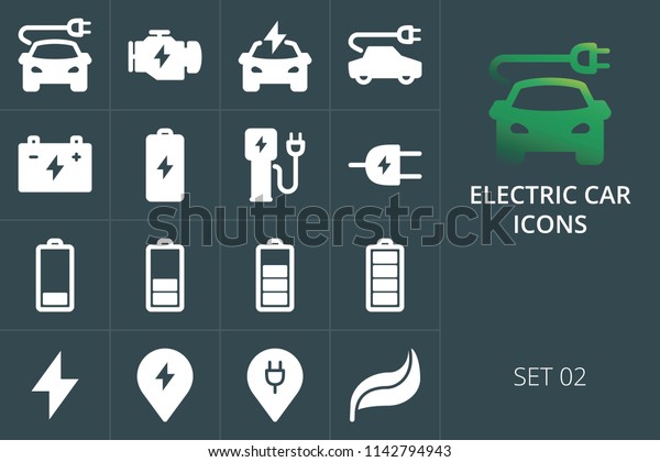 Electric car icons set of solid vector icons. Set\
of charge plug, accumulator, eco green technology, electric engine\
icons