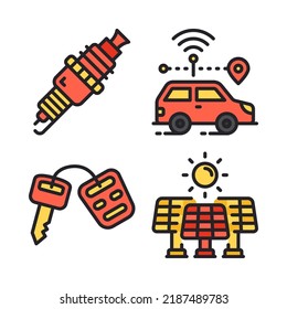 electric car icons set = spark plug, smart car, car key, solar panel. Perfect for website mobile app, app icons, presentation, illustration and any other projects