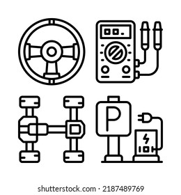 electric car icons set = steering wheel, voltmeter, chassis, charging station. Perfect for website mobile app, app icons, presentation, illustration and any other projects