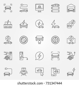 Electric car icons set. Vector electric vehicle and car charging concept symbols in thin line style