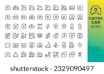 Electric car icons set. Set of electric vehicle charging station, EV plug, electric truck, bus, motorcycle, WLTP and NEDC EV range, energy recovery, smart e car, autopilot, eco transport vector icon.