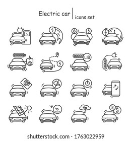 Electric car icons set.Hybrid and alternative power source vehicle linear pictograms.Concept of zero emission, ecology friendly, money saving ev transport ,modern driving technologies.Vector editable 