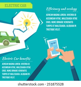 Electric car infographic vector illustration with hands holding smartphone indicating  charging process. 