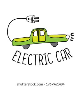 Electric car. The inscription with a green typewriter, wire and plug.