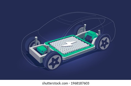 El coche eléctrico dentro del chasis con pilas de batería de alta energía incorpora una plataforma modular. Tarjeta de módulo de patineta. Motor del motor de los componentes del vehículo, controlador con ruedas de carrocería. Ilustración vectorial.