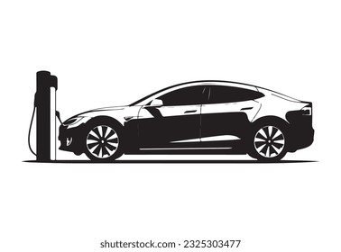 an electric car is_being charged at a charging stati. vektör silüet