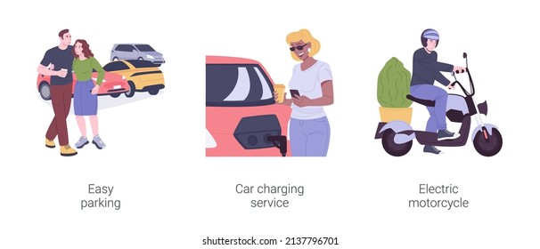 Electric car isolated cartoon vector illustrations set. Easy city parking, electric vehicle charging service, eco mobile, battery-powered motorcycle, eco-friendly urban transport vector cartoon.