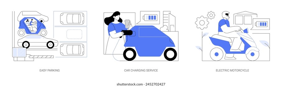 Electric car isolated cartoon vector illustrations set. Easy city parking, electric vehicle charging service, eco mobile, battery-powered motorcycle, eco-friendly urban transport vector cartoon.