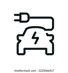 Electric car isolated icon, electric transport with lightning bolt and power plug vector icon with editable stroke