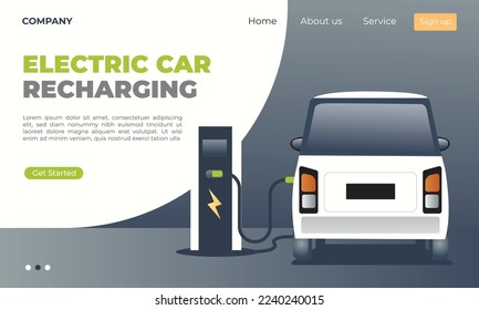 Electric car landing page template, electric car charging at the charger station.