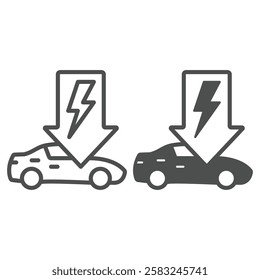 Electric car and lightning arrow line and solid icon, Ecological energy source concept. Vector graphics. Electricity arrow car sign on white background, outline style icon for mobile or web design