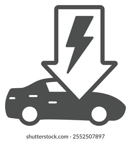 Electric car and lightning arrow solid icon, Ecological energy source concept. Vector graphics. Electricity arrow car sign on white background, glyph style icon for mobile or web design