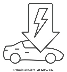 Electric car and lightning arrow thin line icon, Ecological energy source concept. Vector graphics. Electricity arrow car sign on white background, outline style icon for mobile or web design