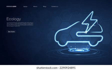 Electric car with lightning icon symbol, EV car, Green hybrid vehicles charging point logotype, Eco friendly vehicle concept, futuristic technology with turquoise neon glow for website, mobile app. 