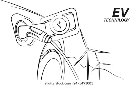 Electric car line with charging stations by sketch in concept of green. renewable energy and eco power produced from sustainable source. EV plugin station. technology electric car. vector design.