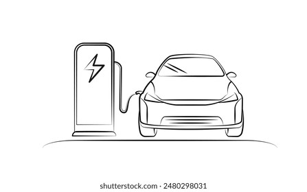 Línea de coches eléctricos con estaciones de recarga por sketch en concepto de energía verde. energías renovables y energía ecológica producida a partir de fuentes sostenibles. Estación de plugin EV. tecnología coche eléctrico. diseño de Vector.