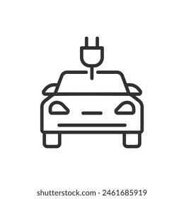 Electric car, in line design. Electric, Car, Vehicle, Charging, Battery, Auto, Green on white background vector. Electric car editable stroke icon.