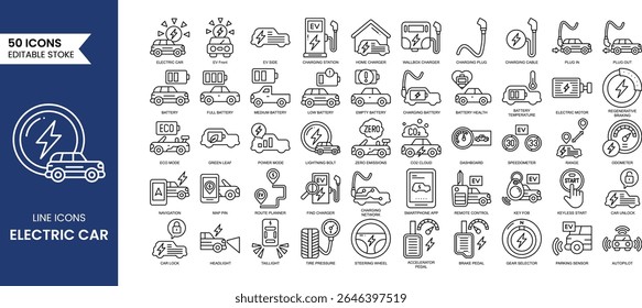 Electric car line editable icon set. Electric car icon set Containing battery, ecology, electric vehicle, charging station, plug-in and more. Vector illustration