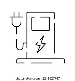 Electric car line icon. Electrical automobile cable contour and plug charging black symbol. Eco friendly electro auto vehicle concept. Vector electricity illustration 