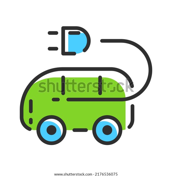 Electric car line icon. Green\
transport logo in green and blue color. Vector illustration\
concept