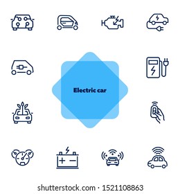 Electric car line icon set. Vehicle, engine, battery, charging station. Transport concept. Can be used for topics like ecology, city, car service, bio fuel
