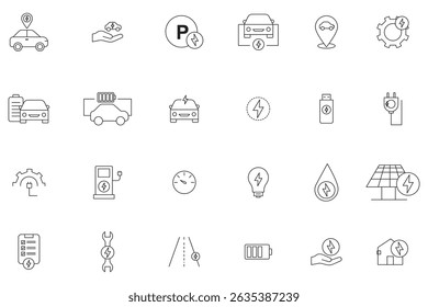 Electric Car Line Icon Set 24 Modern  Minimalist Designs . Electric Car  Charging Icons Scalable  Easy to Use . Clean Electric Car Line Icons  . 