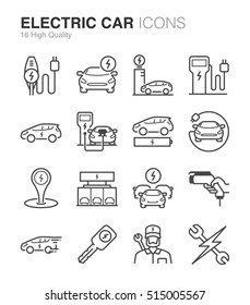 Electric Car line icon set. Included the icons as battery, charger, station, socket, automobile , rechargeable and more.