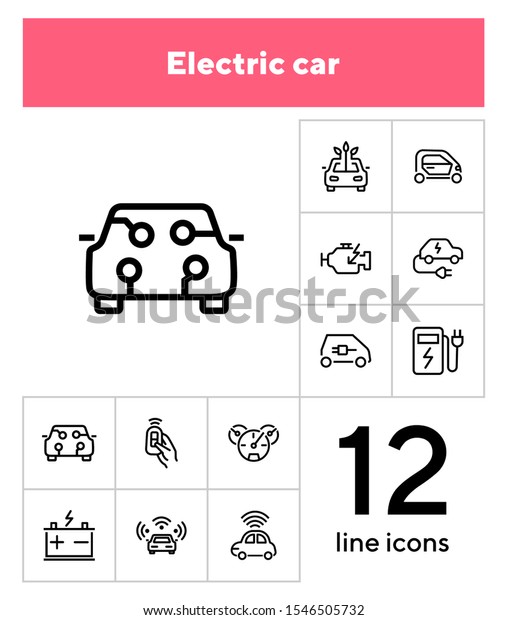 Electric car line icon set. Vehicle,\
engine, battery, charging station. Transport concept. Can be used\
for topics like ecology, city, car service, bio\
fuel