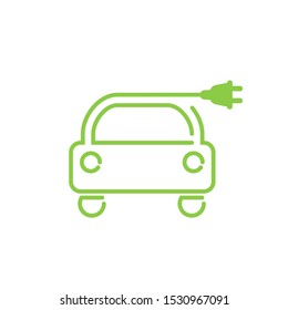 Electric car line icon vector. Illustration of green auto with electric plug. Eco friendly vehicle. Contour green driving symbol. White isolated 