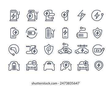 Iconos de la línea de coche eléctrico. estación de Recargo, estacionamiento ev y cargador de batería. carga de coche en casa, estación de energía y línea de energía eléctrica. Recargo de batería, enchufe eléctrico de estacionamiento amigable con el medio ambiente. 