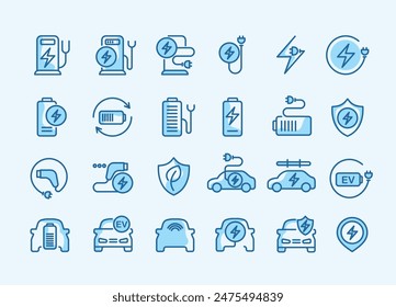 Electric car line icons. charge station, ev parking and battery charger set. home car charging, power station and electro energy line. charge battery, parking electric plug environment friendly.