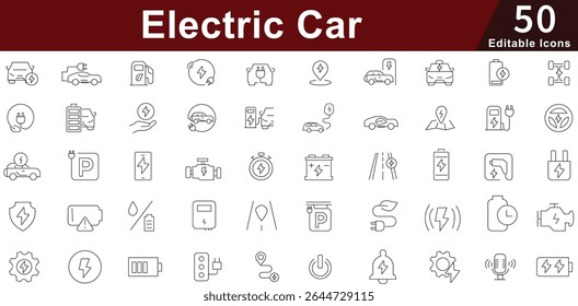 Iconos de la línea del coche eléctrico - EV, batería, respetuoso del medio ambiente, poder y movilidad futura