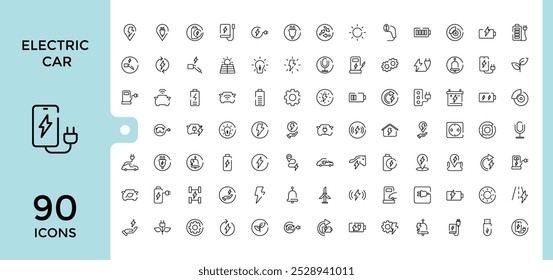 Conjunto de ícones de linha de carro elétrico. estação de carregamento de veículo elétrico, tomada de VE, ônibus, motocicleta, recuperação de energia, smart e car, coleção de ícones de contorno mínimo, curso editável, pixel perfect.