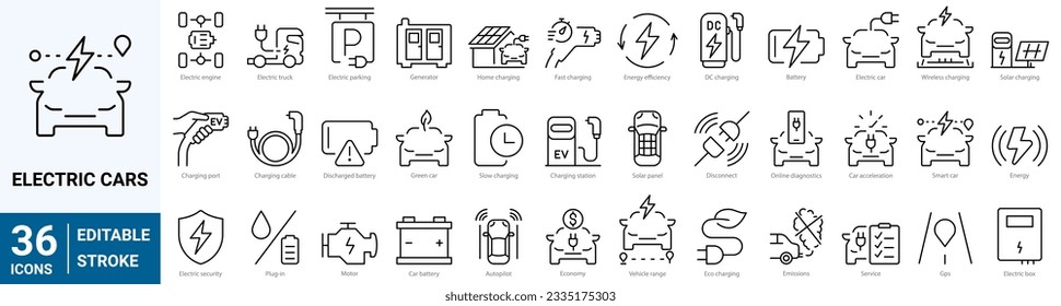 Iconos web de la línea eléctrica del coche. Batería, estación de carga, complemento, panel solar, ecología, servicio, ilustración vectorial. Icono de esquema. Trazo editable.