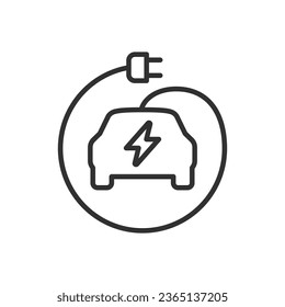 Vehículo eléctrico, icono lineal. Cargando un vehículo eléctrico. Coche y cable con enchufe. Línea con trazo editable