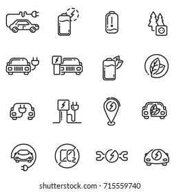 Electric Car linear icons set. Electrical outline charging and service station sign. Eco energy refueling symbols