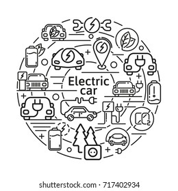 Electric car linear vector icons concept. Eco energy elements in thin line design. Charging and service station signs set