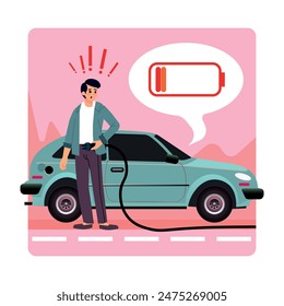 Coche eléctrico con icono de batería baja. Hombre confundido de pie al lado. Diseño plano. Ilustración vectorial