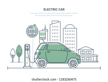 Electric car, machine, charging at gas station. Modern urban landscape with high-rise buildings skyscrapers, landscape, trees. Ecologically clean transport, eco-city. Illustration thin line design.