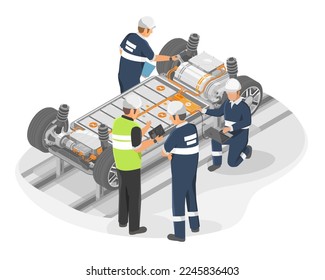 Electric Car Manufacturing Engineer production ev car assembly industry plant lithium battery li ion pack parts worker checking isometric Isolated vector illustration