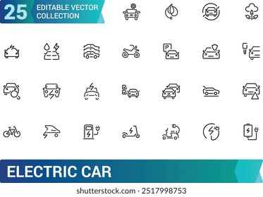 Colecciones de iconos de línea delgada mínima de coche eléctrico. Estación de carga relacionada, batería, ecología, vehículo. Colección de iconos lineales. Ilustración vectorial. 