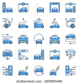 Electric Car modern colored icons collection - EV concept vector signs or logo elements