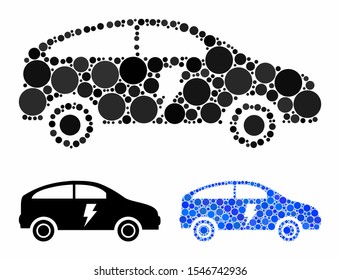 Electric car mosaic of circle elements in variable sizes and color hues, based on electric car icon. Vector round elements are united into blue illustration.